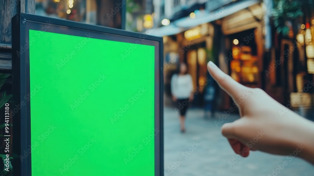 Finger directing to blank green signboard downtown
