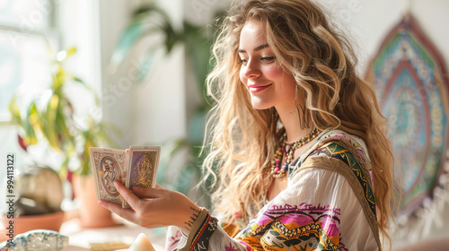 cute young woman plays solitaire tarot cards.
