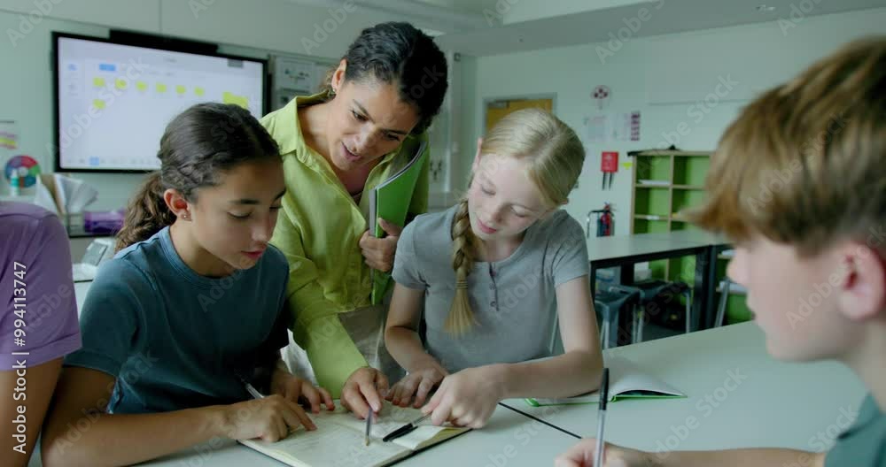 Teacher Inspecting Students Project in Classroom Teacher Inspecting Students Project in Classroom