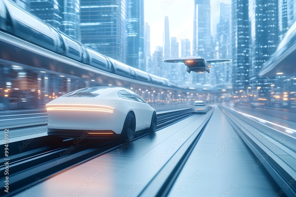 Futuristic vision of an advanced transportation system featuring self driving cars sleek electric vehicles high speed maglev trains and air taxis hovering above a modern minimalist cityscape Futuristic vision of an advanced transportation system featuring self driving cars sleek electric vehicles high speed maglev trains and air taxis hovering above a modern minimalist cityscape