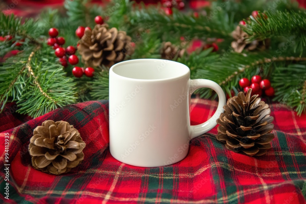 White Mug Mockup on Plaid with Christmas Pinecones and Berries White Mug Mockup on Plaid with Christmas Pinecones and Berries