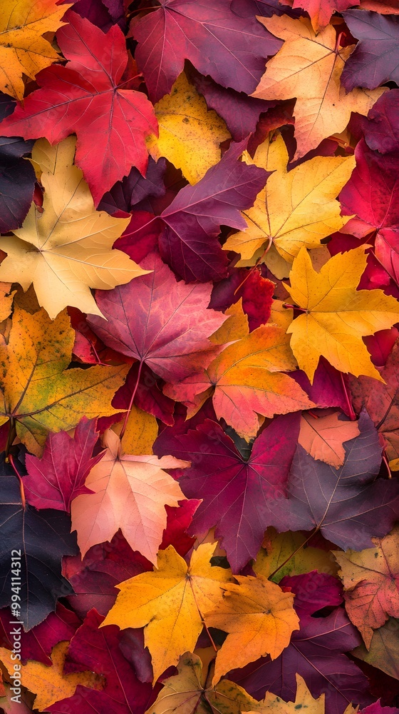 A pile of colorful autumn leaves, spread out on the ground, in various shades and shapes of reds, oranges, yellows, and deep browns A pile of colorful autumn leaves, spread out on the ground, in various shades and shapes of reds, oranges, yellows, and deep browns