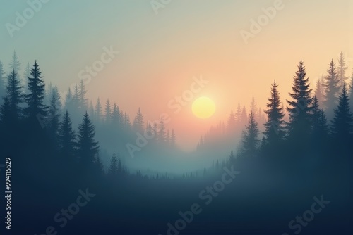 Tranquil sunrise over misty forest landscape in early morning.