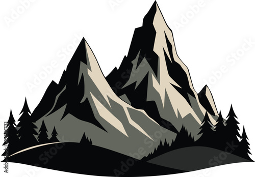 A mountain silhouette vector vector art illustration design and no background, natural landscape hill black color silhouettes design photo