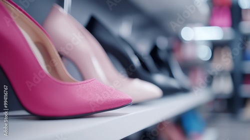 Close-up of various high heels on a display shelf in a shoe store. Array of fashionable footwear in different colors and styles. photo