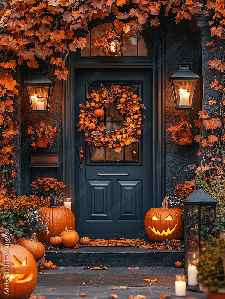 Obraz premium Halloween pumpkin decorations. Pumpkin for decorated house. Halloween Decorated at front yard of a American home. Halloween decorated front door with pumpkins.