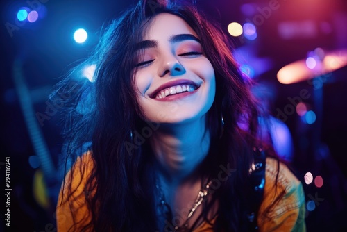 Joyful woman enjoying vibrant music concert at night