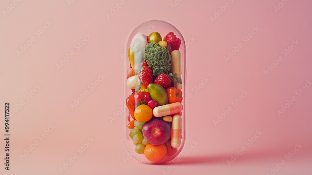 Fototapeta premium Fruits and vegetables inside a large capsule against a pink background illustrating the concept of healthy living and nutrition