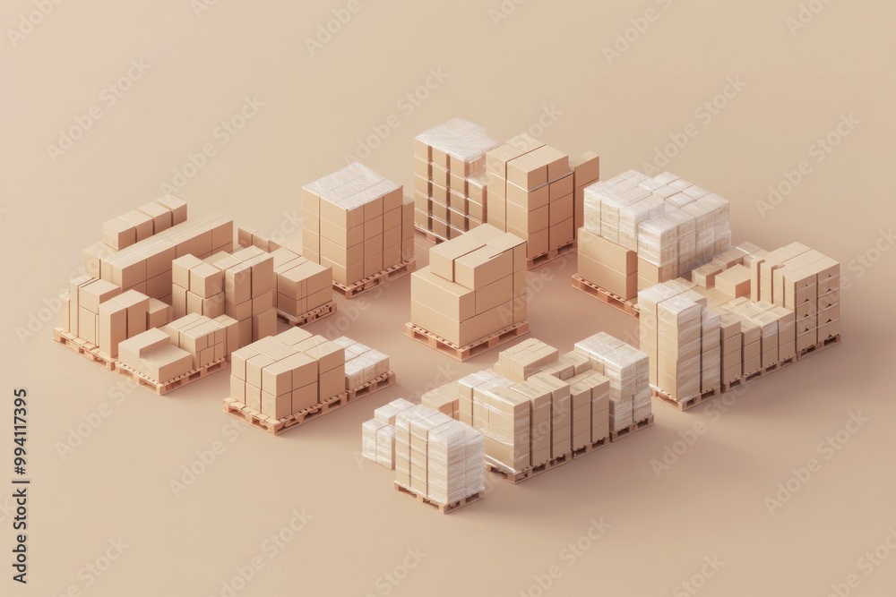 A collection of stacked cardboard boxes on pallets, organized for storage or shipping. A collection of stacked cardboard boxes on pallets, organized for storage or shipping.