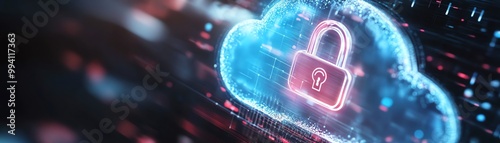 Digital illustration of a cloud with a padlock symbolizing cloud data security and protection in a high-tech background.