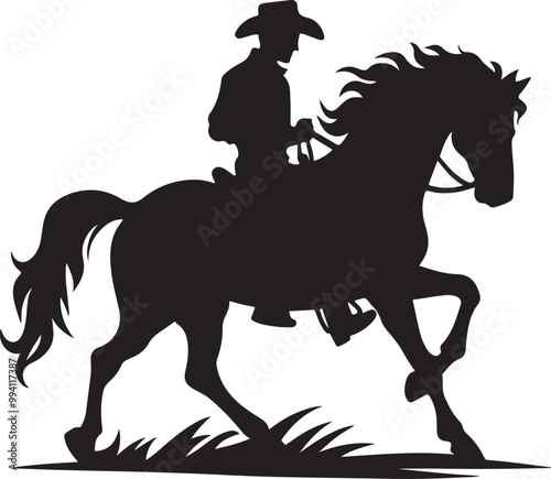 silhouette of cowboy riding a horse vector art illustration.