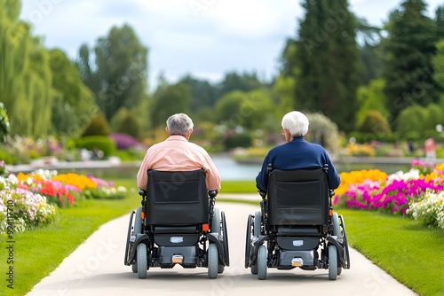 Disabled Seniors in Motorized Wheelchairs Exploring Vibrant Accessible Garden with Tranquil Water Features Kodak Ektachrome style Color Grading High Dynamic Range photo