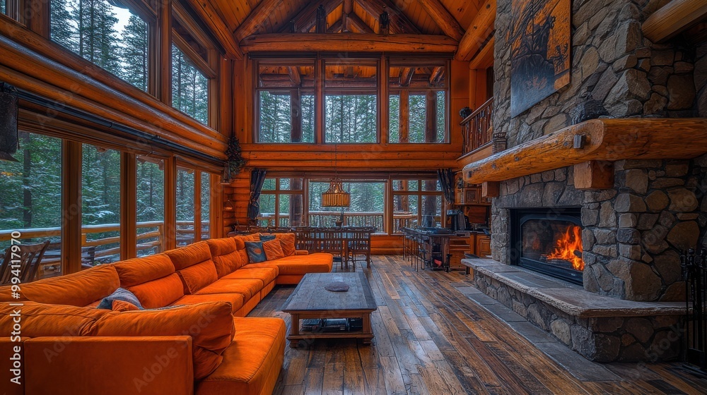 A cozy living room with a rustic wood-burning fireplace and a large sectional sofa, offering a warm and inviting ambiance perfect for relaxing on a cold winter day A cozy living room with a rustic wood-burning fireplace and a large sectional sofa, offering a warm and inviting ambiance perfect for relaxing on a cold winter day