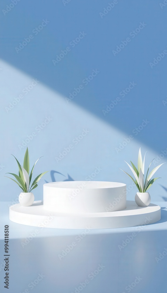 Minimalist product display with white platform and plants. Minimalist product display with white platform and plants.