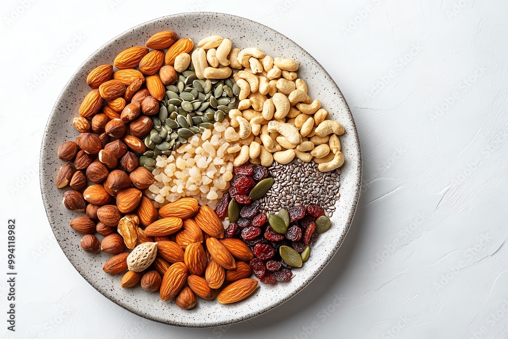 A minimalist layout of a healthy snack plate featuring nuts, seeds, and dried fruits, emphasizing their mineral salt content. Minimalist, Clean Lines, Soft Colors A minimalist layout of a healthy snack plate featuring nuts, seeds, and dried fruits, emphasizing their mineral salt content. Minimalist, Clean Lines, Soft Colors