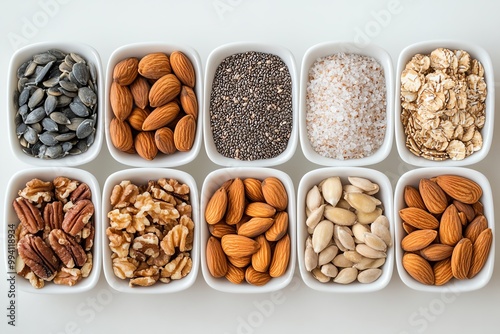 A minimalist layout of a healthy snack plate featuring nuts, seeds, and dried fruits, emphasizing their mineral salt content. Minimalist, Clean Lines, Soft Colors