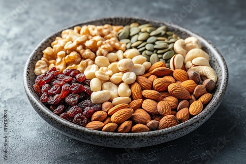 A minimalist layout of a healthy snack plate featuring nuts, seeds, and dried fruits, emphasizing their mineral salt content. Minimalist, Clean Lines, Soft Colors