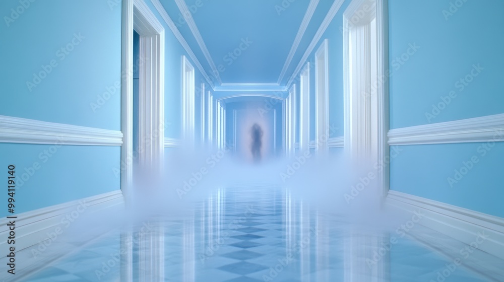Fototapeta premium A hallway stretching endlessly, walls morphing into a nightmarish landscape, with a screaming figure vanishing down the corridor.