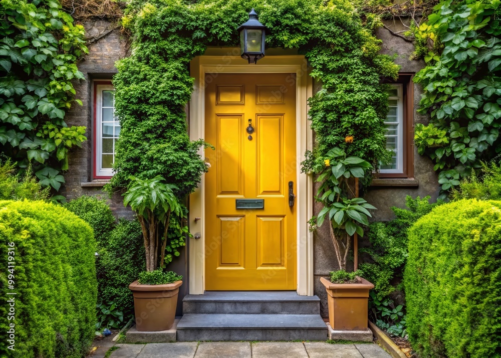 Elegant Gold Front Door with Modern Design Surrounded by Lush Greenery in a Charming Neighborhood Elegant Gold Front Door with Modern Design Surrounded by Lush Greenery in a Charming Neighborhood