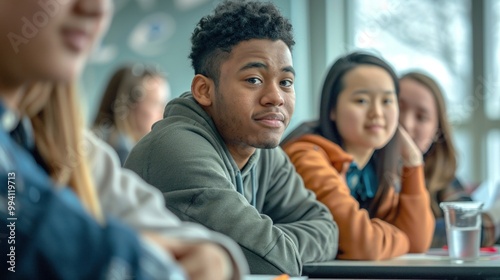 A diverse group of students engaged in a group discussion in a university seminar room with clear
