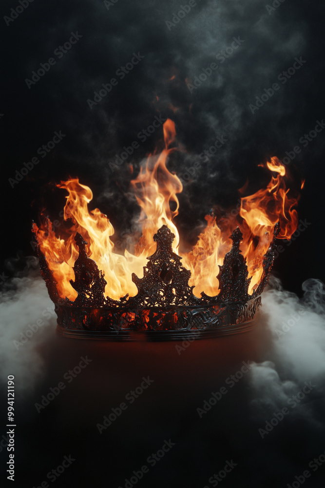 A flaming fantasy golden crown. Medieval crown burning in flames, smoke ...