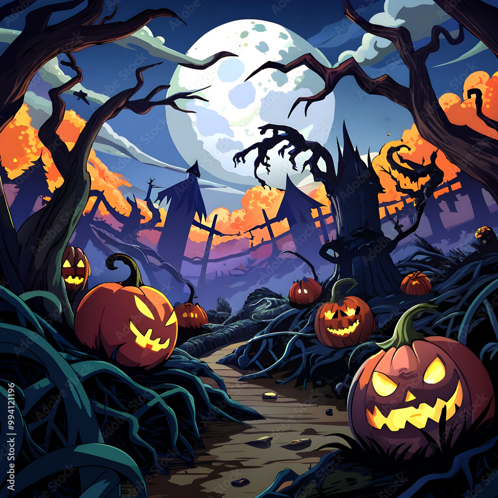 Fototapeta premium Creepy pumpkins in midnight jungle
