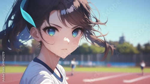 学校の運動会で競うアニメ調の日本人美少女
