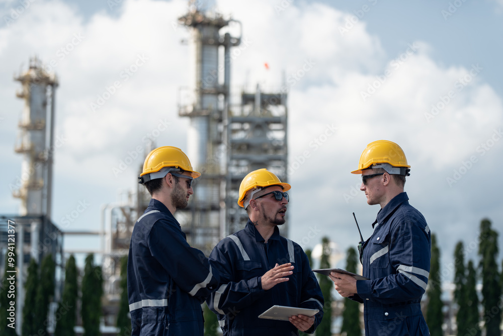 Refinery industry, engineer working with tablet at oil and gas refinery plant industry factory Refinery industry, engineer working with tablet at oil and gas refinery plant industry factory