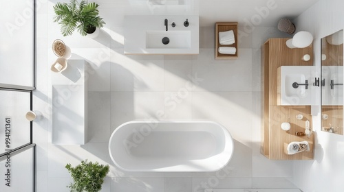 Aerial view of a modern bathroom layout featuring a sleek bathtub, sink, and shower, all elegantly arranged on a clean white background.