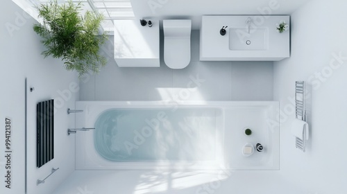 Aerial view of a modern bathroom layout featuring a sleek bathtub, sink, and shower, all elegantly arranged on a clean white background.