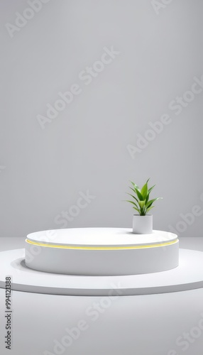 Minimalist white podium with a plant for product display.