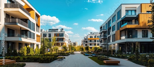 Modern apartment complex with green landscaping
