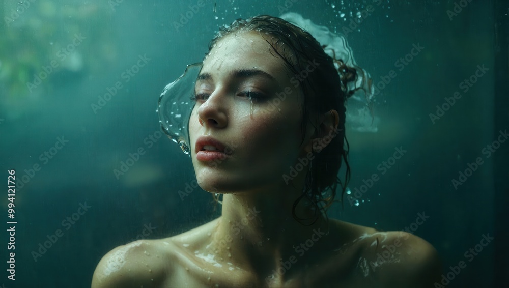 Serene woman submerged in water with closed eyes and calm expression Serene woman submerged in water with closed eyes and calm expression