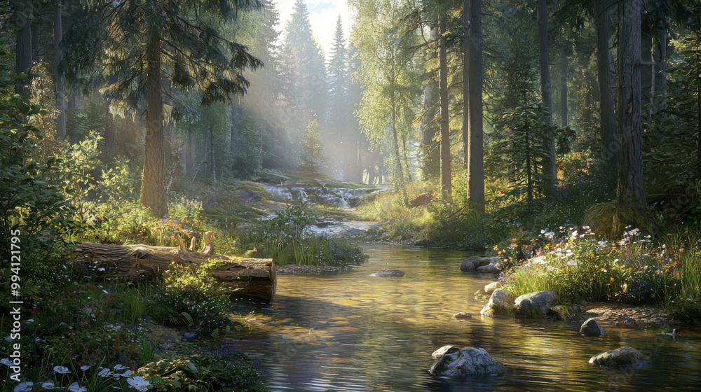 Obraz premium A serene forest scene with sunlight filtering through tall trees, illuminating a gentle stream surrounded by lush greenery and rocks.
