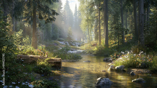 A serene forest scene with sunlight filtering through tall trees, illuminating a gentle stream surrounded by lush greenery and rocks.