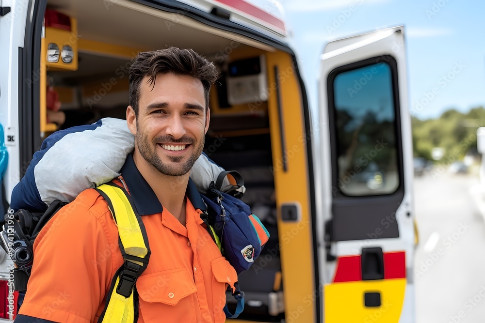 Confident Paramedic Standing Next to Open Ambulance with Trauma Bag Ready for Emergency Confident Paramedic Standing Next to Open Ambulance with Trauma Bag Ready for Emergency