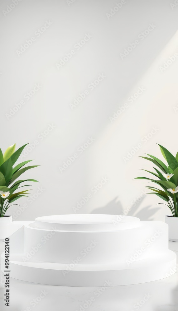 Minimalist white podium with green plants. Minimalist white podium with green plants.
