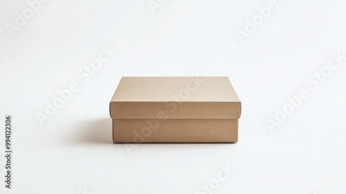 Minimalist shot of a kraft paper box, folded and sealed, set against a pure white background, representing sustainable packaging.