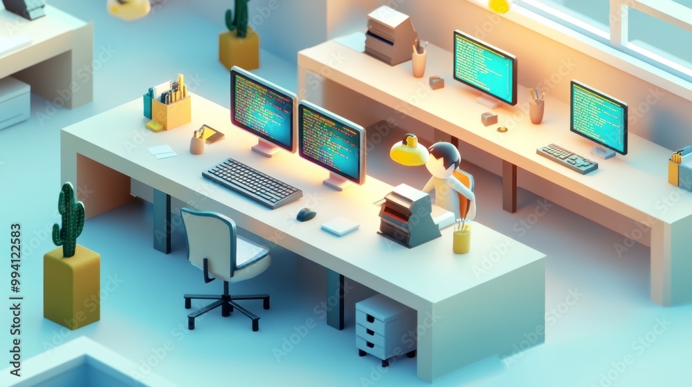 A modern office space with a desk, computers, and a person working. A modern office space with a desk, computers, and a person working.