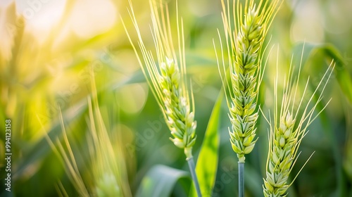 green wheat ears in a field with a soft-focus background.