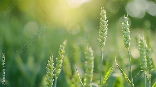 green wheat ears in a field with a soft-focus background.