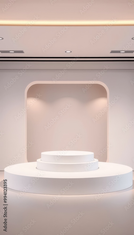 Minimalist white podium with soft lighting, perfect for product display. Minimalist white podium with soft lighting, perfect for product display.