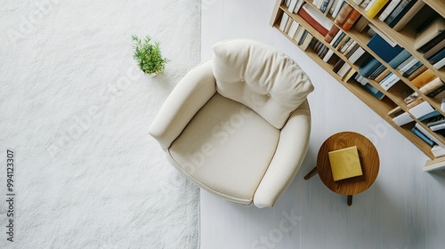 Overhead shot of a small living room design with a comfy armchair, side table, and book collection, beautifully displayed on a white background.