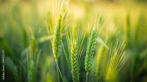 green wheat ears in a field with a soft-focus background.