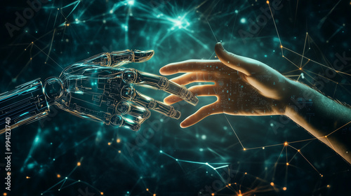 Hands of a robot and a human reaching out to touch, surrounded by a glowing digital web of big data connections. The background shows holographic screens displaying artificial inte photo