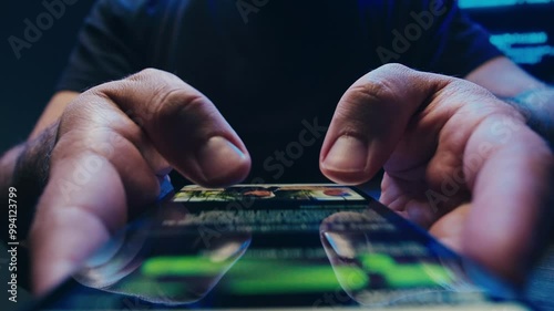 Man chatting online on phone smartphone macro close up, typing text message, touching touchscreen keyboard, using messenger application. Person holding mobile phone, close up, swiping social media. 