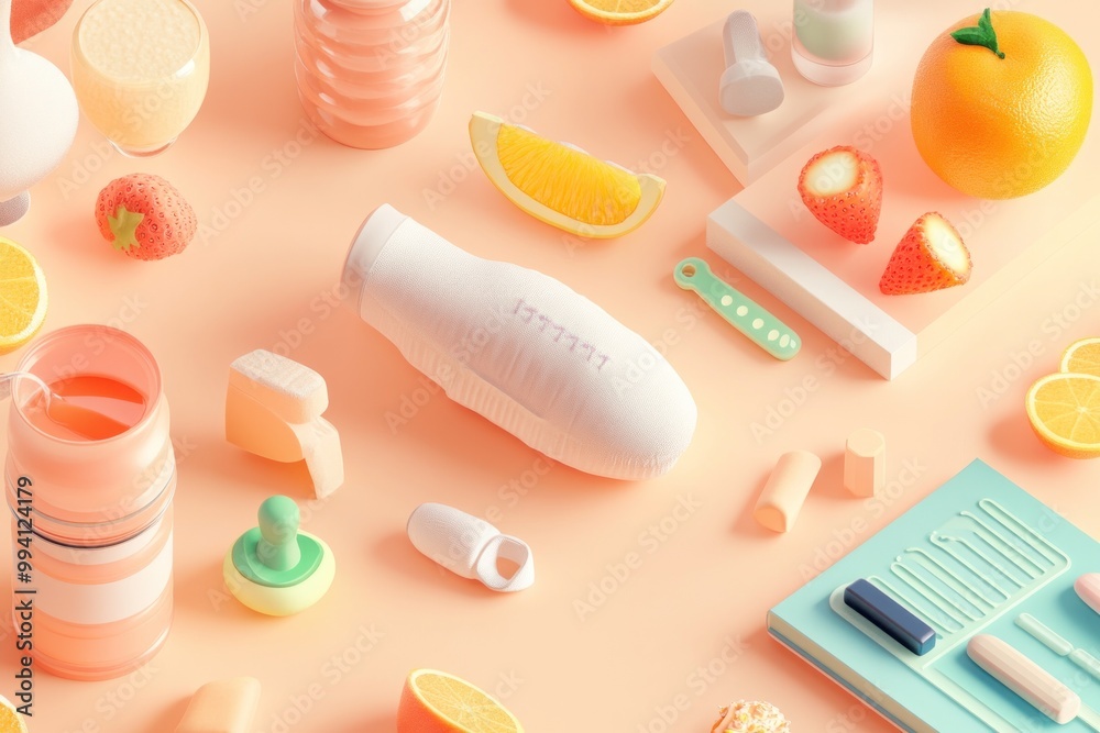 A colorful arrangement of various food items and containers on a pastel background. A colorful arrangement of various food items and containers on a pastel background.