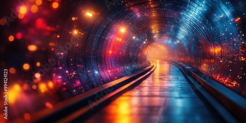 A futuristic and vibrant tunnel illuminated by a captivating array of colorful lights, leading towards a bright and unknown destination photo
