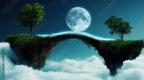 A bridge made of moonlight spans a chasm between two floating islands, leading to a mysterious, fog shrouded land.