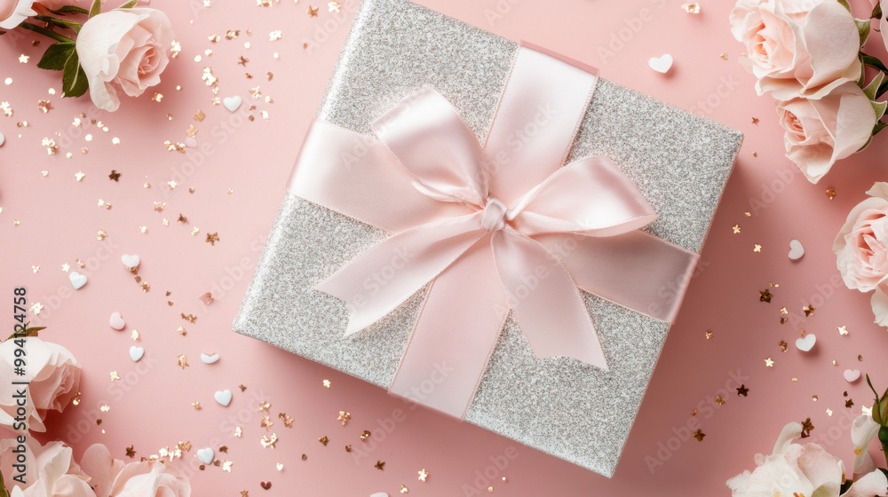 Elegant gift box with pink ribbon on floral background Elegant gift box with pink ribbon on floral background